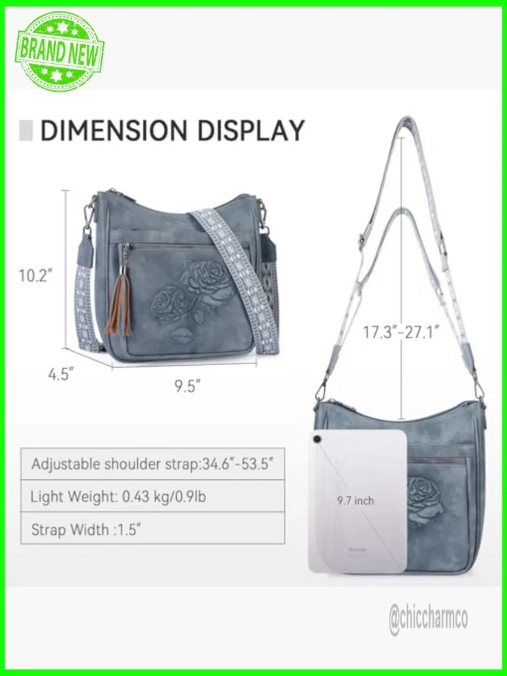 Large Vegan Leather Crossbody Hobo Bag with Floral Embossed Pattern Adjustable